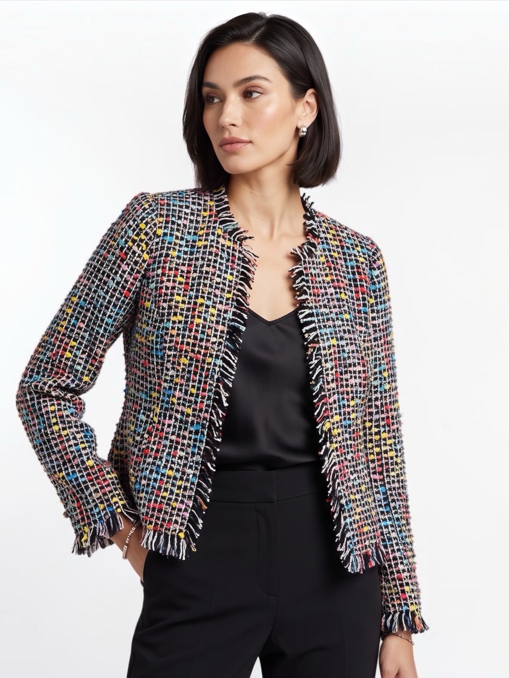 Trina Turk Multicolor Tweed Fringe trim Blazer Boucle Jacket Sz 4 Colorful
